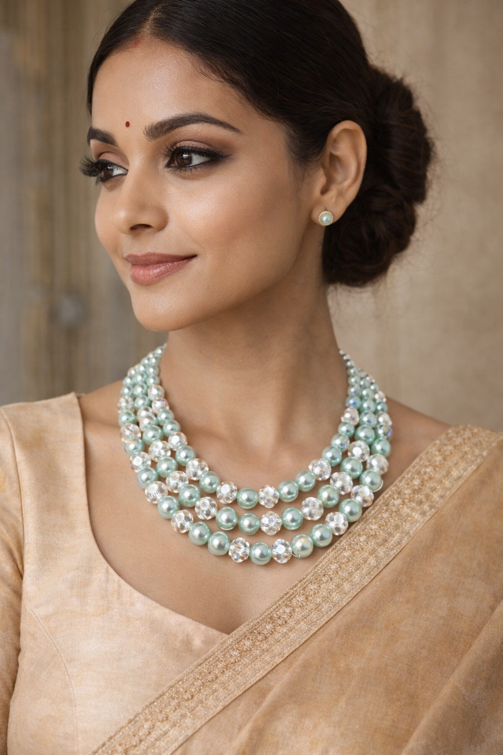 Mint Crystal Pearl Layered Necklace Set - Image 2