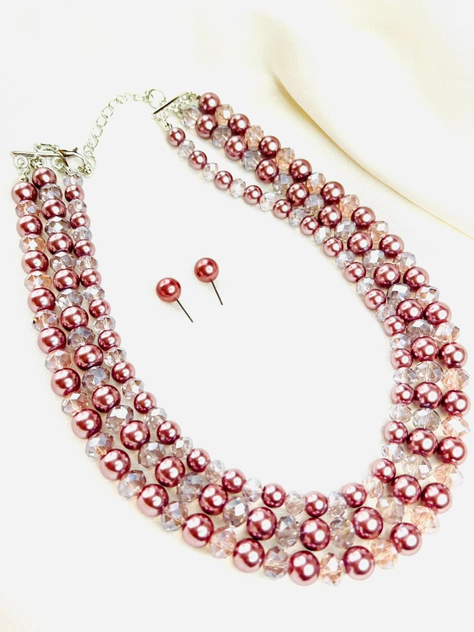 Rosé Crystal Pearl Layered Necklace Set